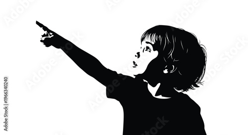 Young child pointing upwards with excitement in a clean black and white vector illustration graphic