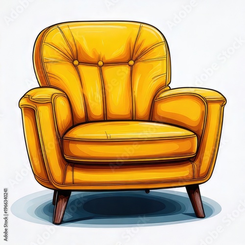 Cartoonish yellow armchair on white, with wooden legs