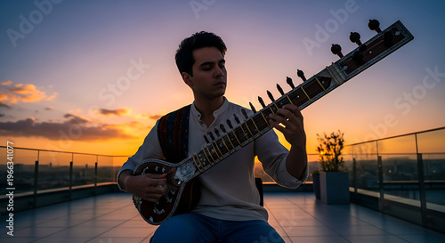 Talented Musician Expresses Artistry with Sitar at Sunset on a Rooftop Performance