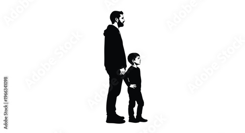 Modern vector illustration of a father and son standing side by side, contemplating a shared future.