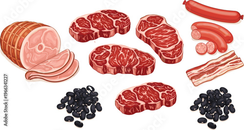 Meat and protein food collection with steak, ham, sausages, bacon and beans vector illustration set