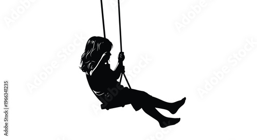 Black silhouette vector graphic illustration of a young girl enjoying swinging motion on a playground swing