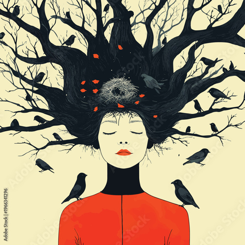 Illustration of a person with hair so voluminous it fills up a room, with birds nesting in it, all in a clean, vibrant style , vector style simple color