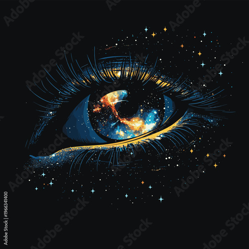 Illustration of a single eye with galaxies and stars inside the pupil, on a black canvas , vector style simple color