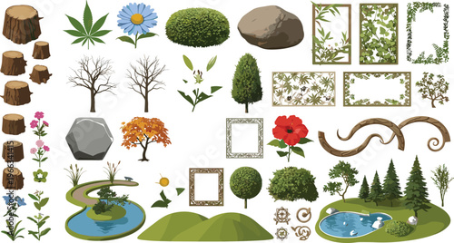 Nature landscape elements collection with trees, rocks, flowers, frames and decorative foliage vector illustration set isolated