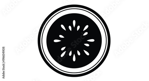 Minimalist black and white vector illustration depicting a stylized slice of tropical fruit pulp featuring internal seeds within concentric circles