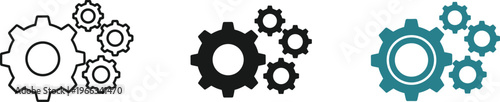 Minimalist gear and cog icon set in black outline solid and teal styles for settings mechanism engineering technology and interface.