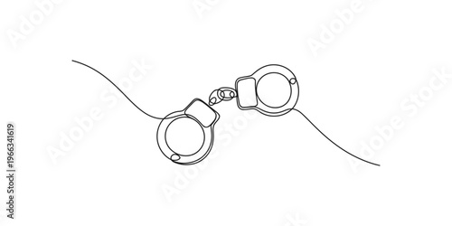 Continuous line drawing of handcuffs with a chain on white background cuffs