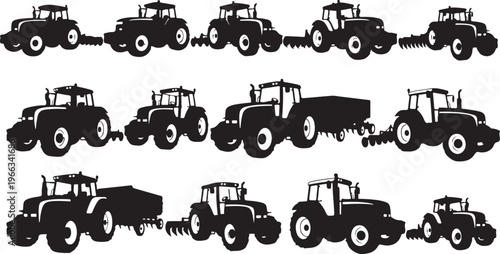 Tractor Silhouettes in Various Agricultural Settings and Equipment Attachments