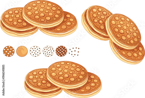 Pancake stack collection with fluffy breakfast pancakes and texture variations sweet dessert vector illustration set