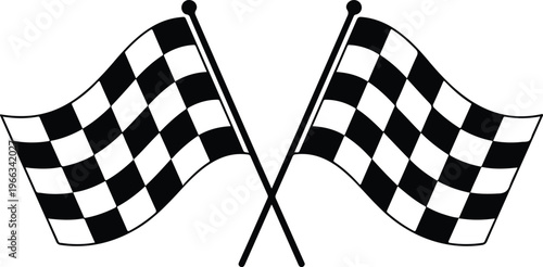 Flat line art vector of crossed checkered race flags featuring classic black and white squares simple modern illustration