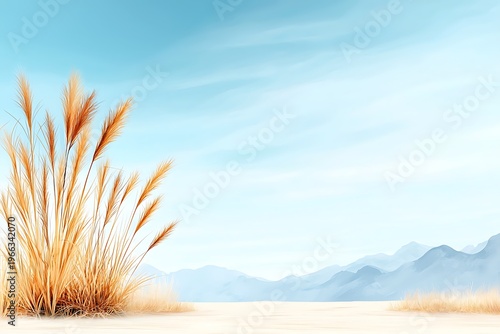 Serene Landscape with Golden Grasses Against a Calm Blue Sky and Distant Mountains