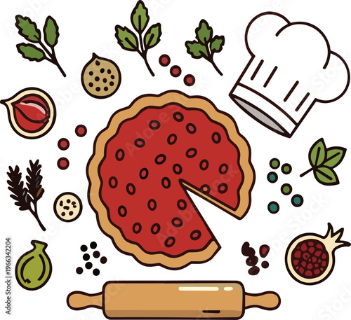 Pizza Cooking Vector Set with Ingredients Chef Hat Rolling Pin Herbs and Spices Flat Illustration Collection for Food Preparation and Kitchen Design