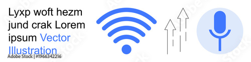 Wireless communication, digital technology, voice recognition, data transmission, media, internet tools. Image shows a wireless icon, rising arrows and a microphone symbol. Wireless communication