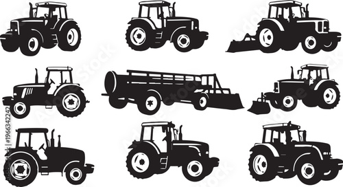 Black silhouettes of various tractors and farming equipment vehicles