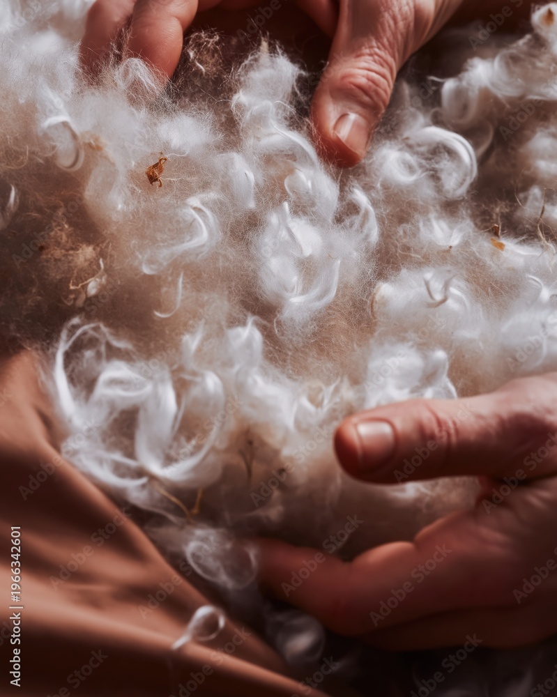 Fototapeta premium Close Up of Hands Sorting Raw Cotton Fibers and Soft Wool Tufts in a Textile Workshop for Luxury Bedding Manufacturing and Sustainable Fashion Advertising