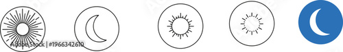 Minimalist set of sun and moon icons for weather forecasting astrology and celestial designs featuring various line styles and blue.