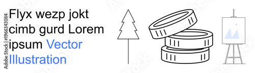 Business, finance, minimalism, investments, creativity, art. Stacked coins, tree silhouette and an easel with artwork. Business and financial investment concept