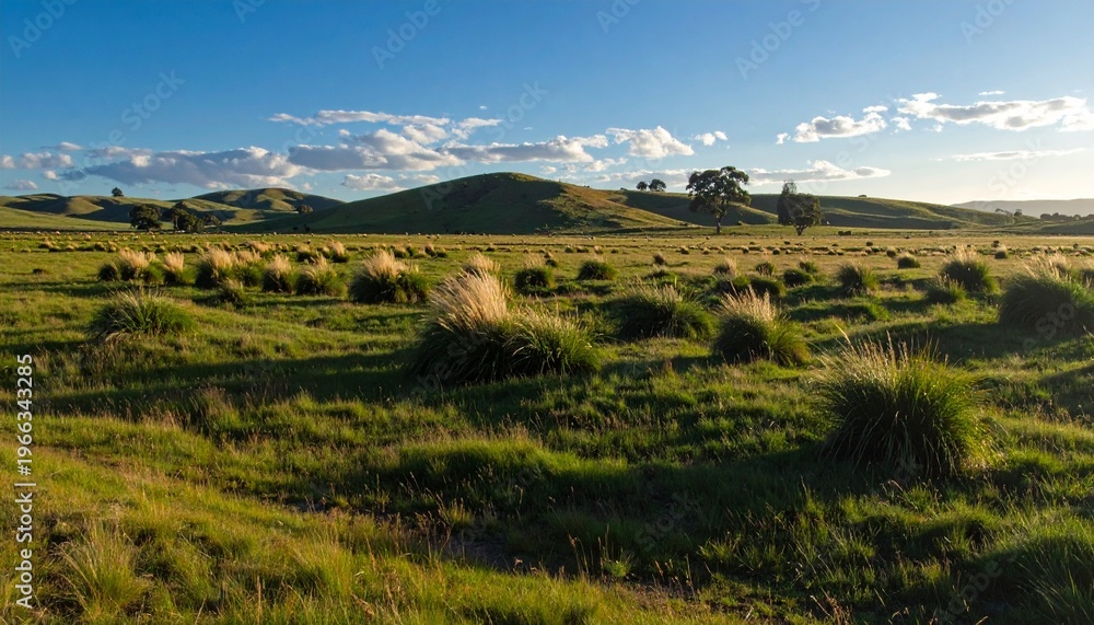 Fototapeta premium Serene rolling grassland with wild shrubs under clear blue sky at golden hour