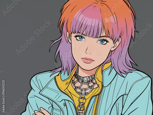 Young woman with two-tone hair and chain accessory poses confidently against a gray background