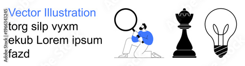 Problem-solving, innovation, strategy, knowledge, decision-making, exploration. Man holding a magnifying glass, chess piece and light bulb. Problem-solving and innovation concept