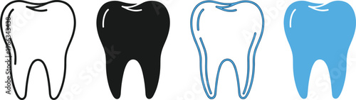 Set of minimalist tooth icons in black and blue styles for dental care oral hygiene dentistry medical clinics and healthcare.
