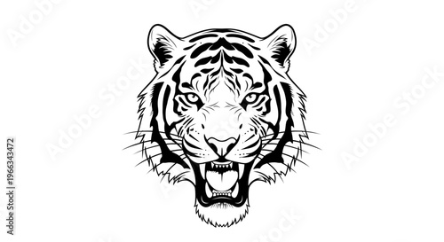 Fierce Tiger Head Illustration - Black and White
