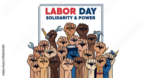 Illustration of diverse workers with raised fists and tools, celebrating Labor Day with solidarity and power, in a vibrant graphic design.