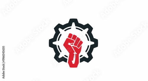 A red fist raised in a black gear on a white background, symbolizing activism and industry.