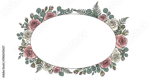 Floral Oval Frame with Roses and Eucalyptus, Wedding Invitation Background
