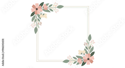 Floral Square Frame with Pink Flowers and Green Leaves - Elegant Border Design