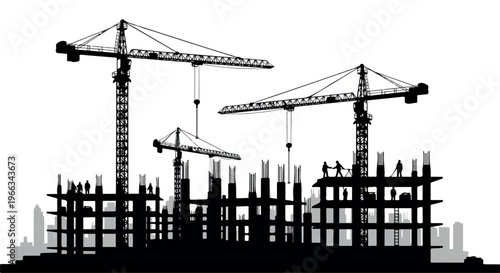 Silhouette of construction site with cranes and building framework against a white background.