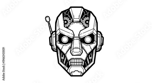 Futuristic Robot Head Illustration - Sci-Fi Android Face with Gears and Antenna
