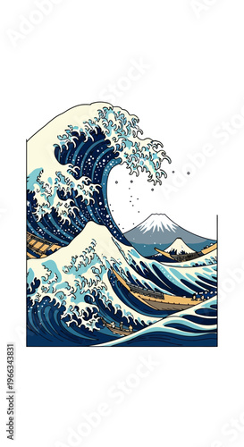 Giant Crashing Wave Near Mount Fuji, Japanese Art Style