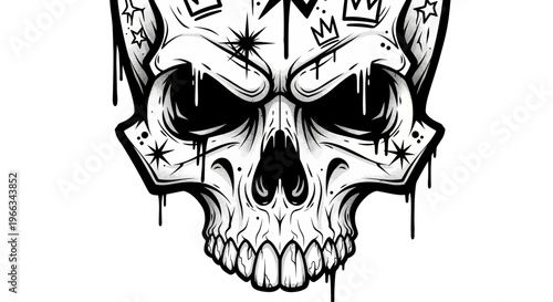 Gothic Skull with Crowns and Stars, Dripping Ink Style, Tattoo Art