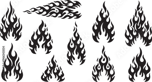 Set of black flame icons on white background vector graphics