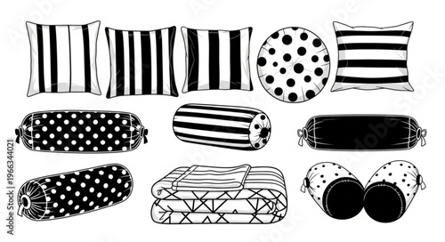 Black and White Patterned Pillows and Bedding Collection.
