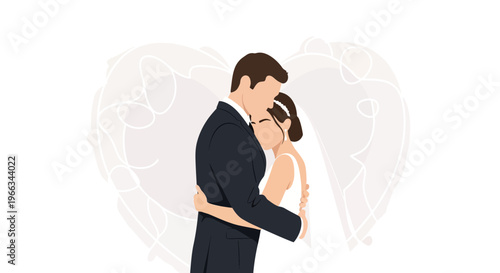 Groom Hugging Bride, Wedding Couple Embracing, Love Heart Background, Flat Design