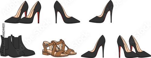 Women Shoes Vector Set with High Heels Boots and Sandals Elegant Footwear Collection Flat Illustration for Fashion Retail and Style Design