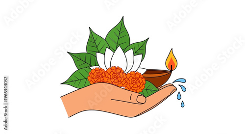 Hand Offering Lotus Flower, Marigolds, Diya Lamp, and Leaves, Indian Culture Symbol