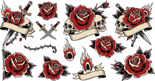 Vintage Tattoo Style Collection Featuring Skulls, Red Roses, Daggers, Flames and Banners Traditional Old School Tattoo Vector Illustration Set