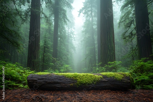 Misty Forest Scene with Mossy Log Surrounded by Tall Trees and Lush Greenery
