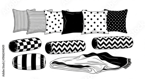 Collection of Decorative Pillows and Bolsters with Various Patterns.