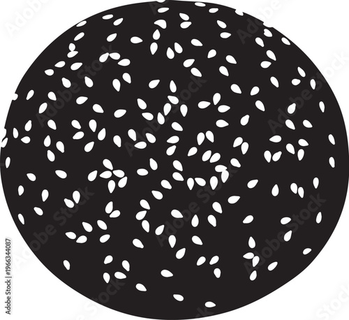 Black circle with white sesame seeds on plain background