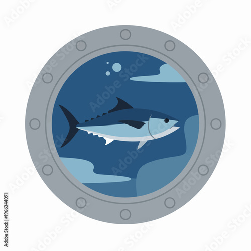 Tuna swims in the ocean as viewed through a porthole