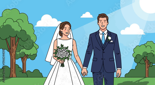 Happy Bride and Groom Holding Hands Outdoors on Wedding Day