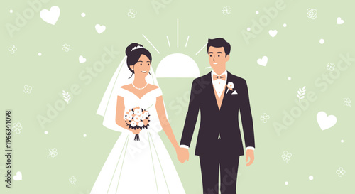 Happy Bride and Groom Holding Hands, Wedding Day Celebration