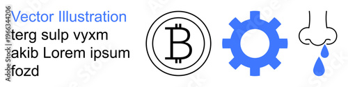 Cryptocurrency, health symptoms, blockchain technology, digital innovation, mechanics, medical care. Bitcoin symbol, gear and nose with drip. Cryptocurrency and health symptom concepts