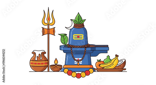 Hindu Shivling Puja Ritual Offering with Trident, Lamp, Fruits, and Coconut