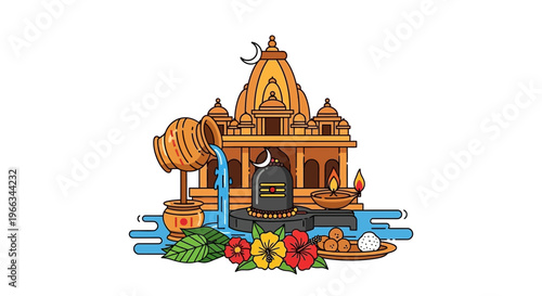 Hindu Temple Offering: Shiva Lingam Puja with Flowers, Lamp, and Sacred Water